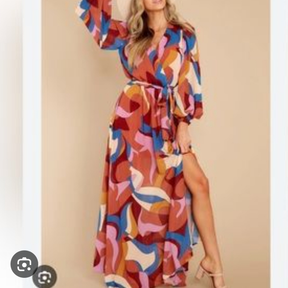 Redress Overnight Celebrity Rust Orange Multi long sleeve Maxi Dress Size Small